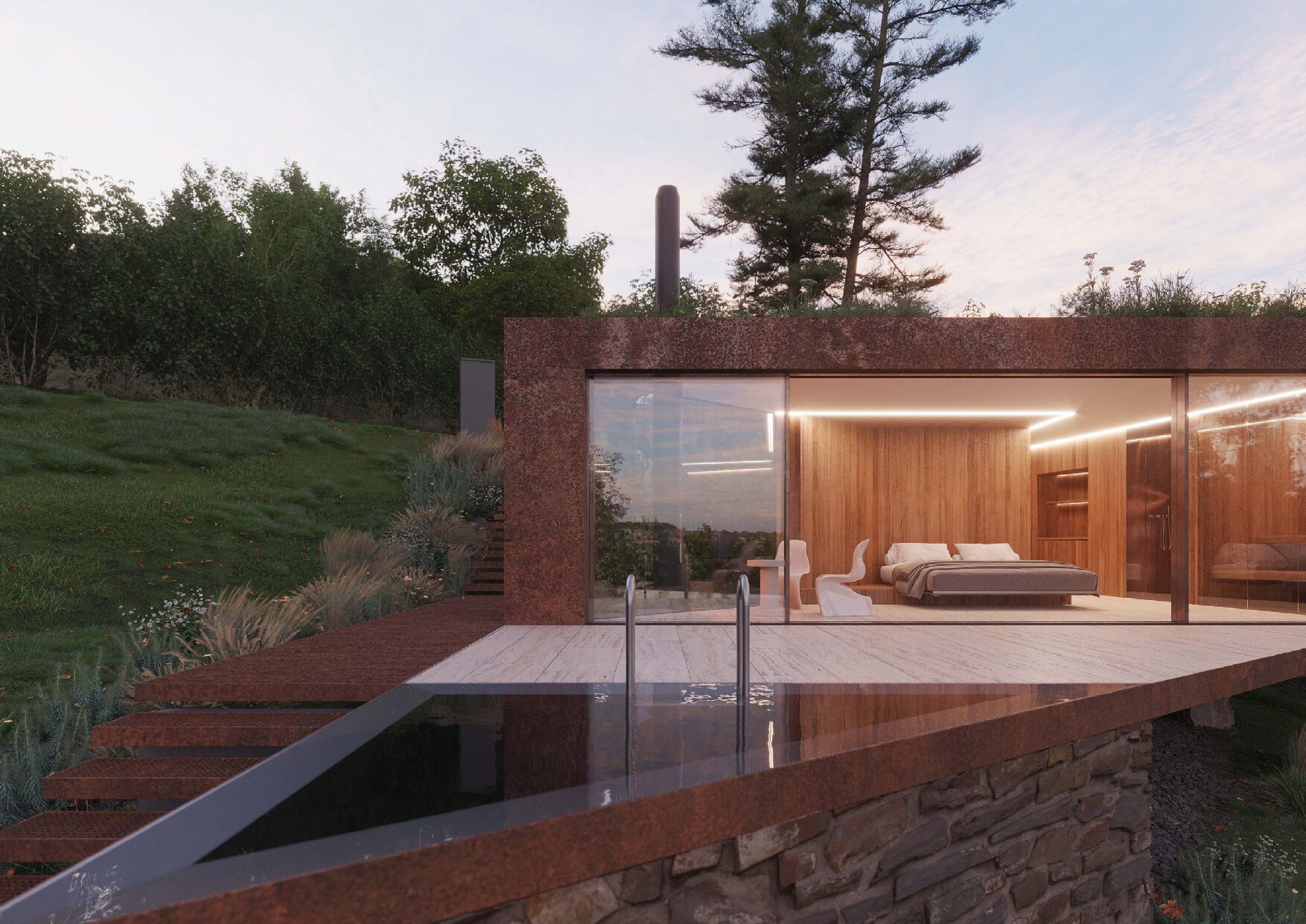 Architektura Aquatopia Troja z cortenové oceli zasazená do zeleně za soumraku